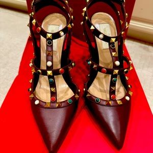 Very rare great condition Valentino Garavani burgundy Red with colorful studs